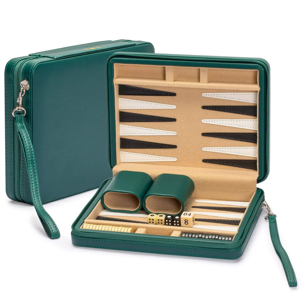 Le même étui de voyage en simili cuir vert teal, ouvert, dragonne assortie