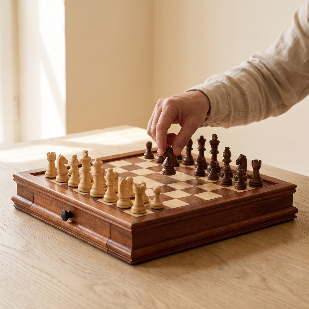 Échiquier magnétique en bois massif avec deux tiroirs — en jeu