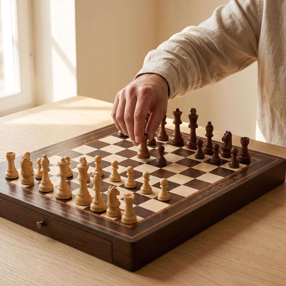 Échiquier à tiroirs en bois massif, trois tailles — en jeu