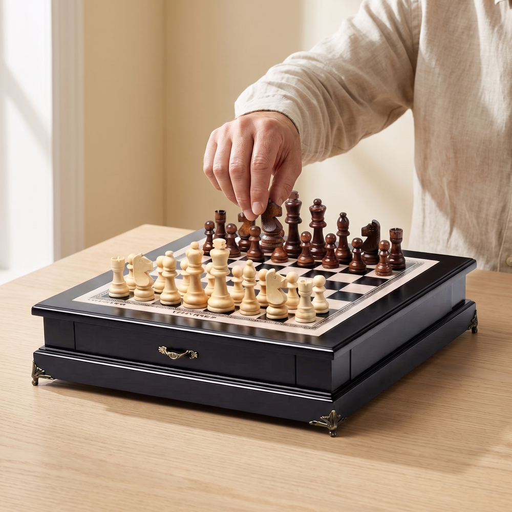 Jeu d'échecs de compétition, coffret laqué noir à tiroir et pieds griffes — vue 4