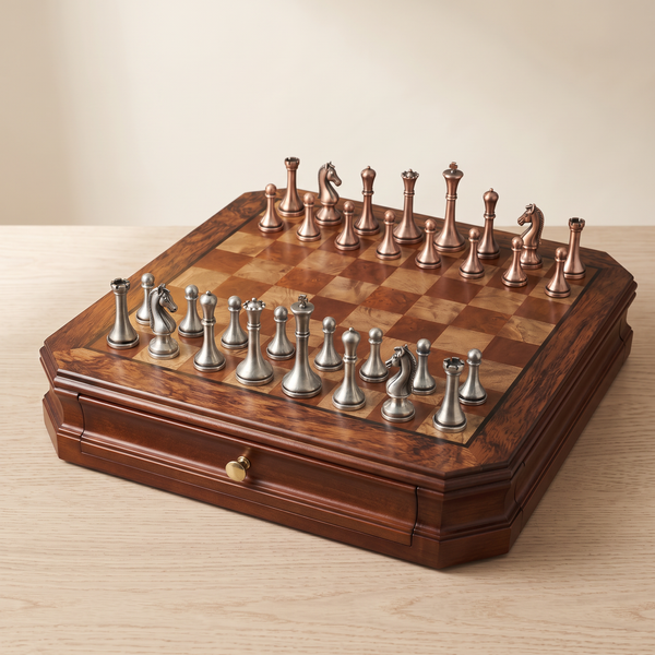 Jeu d'échecs à tiroirs en bois massif et pièces en métal vieilli — packshot