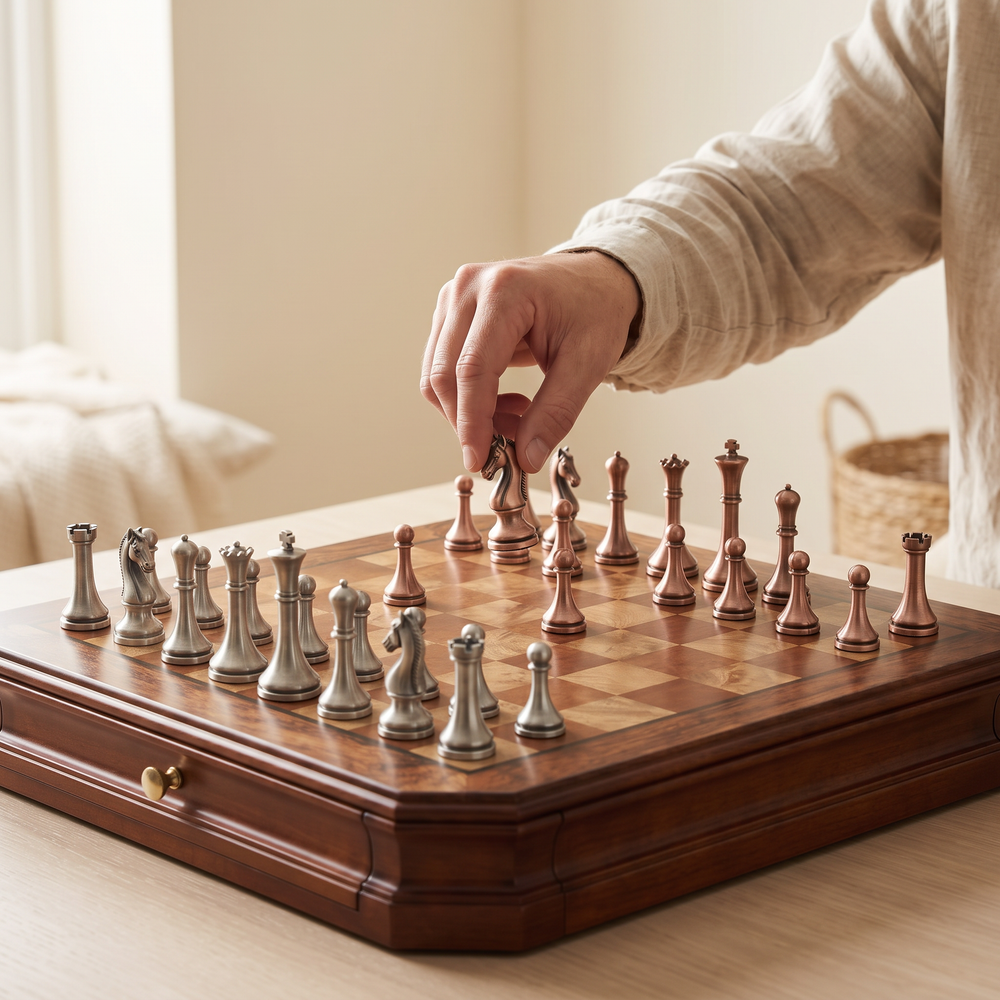 Jeu d'échecs à tiroirs en bois massif et pièces en métal vieilli — en jeu