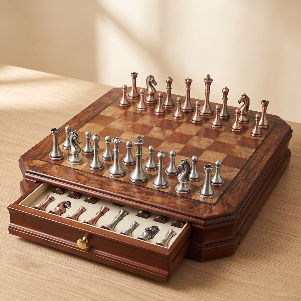 Jeu d'échecs à tiroirs en bois massif et pièces en métal vieilli — rangement