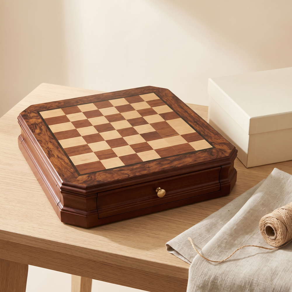 Jeu d'échecs à tiroirs en bois massif et pièces en métal vieilli — coffret cadeau