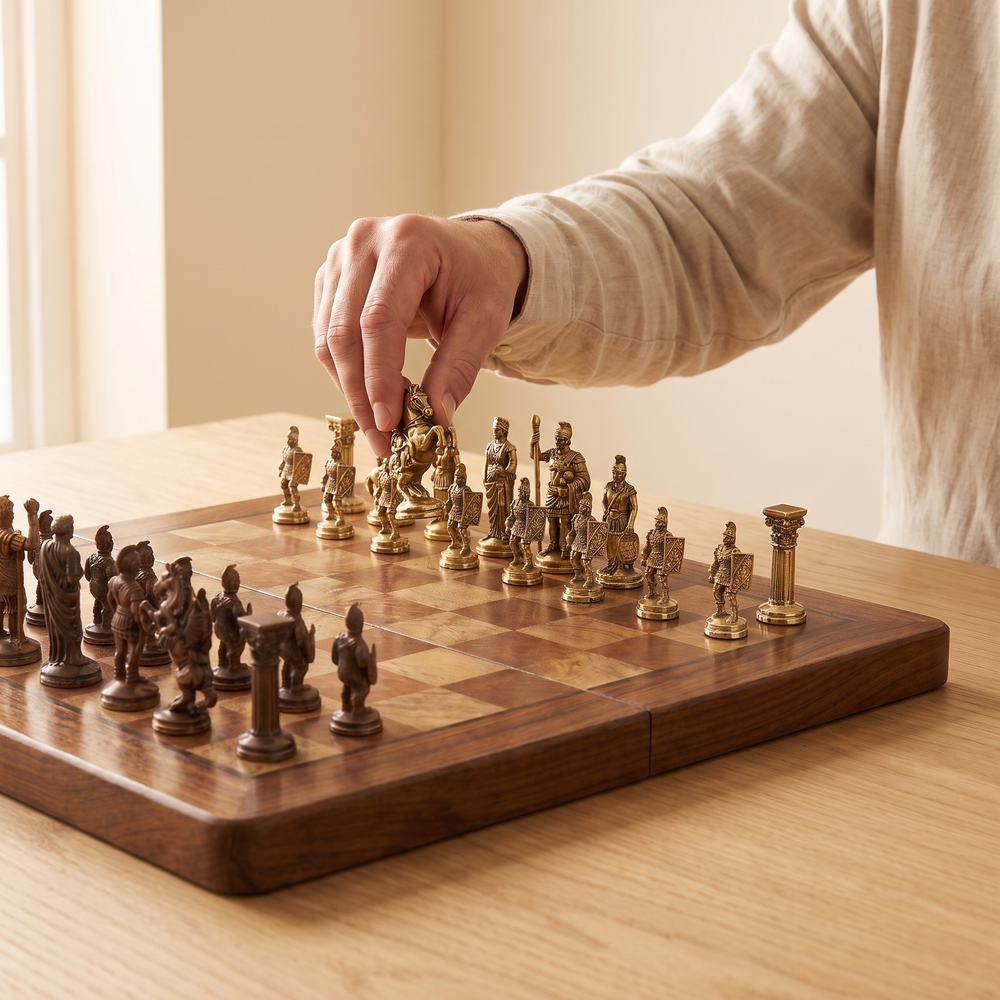 Échiquier pliable 30 cm, pièces Staunton en alliage bronze — en jeu