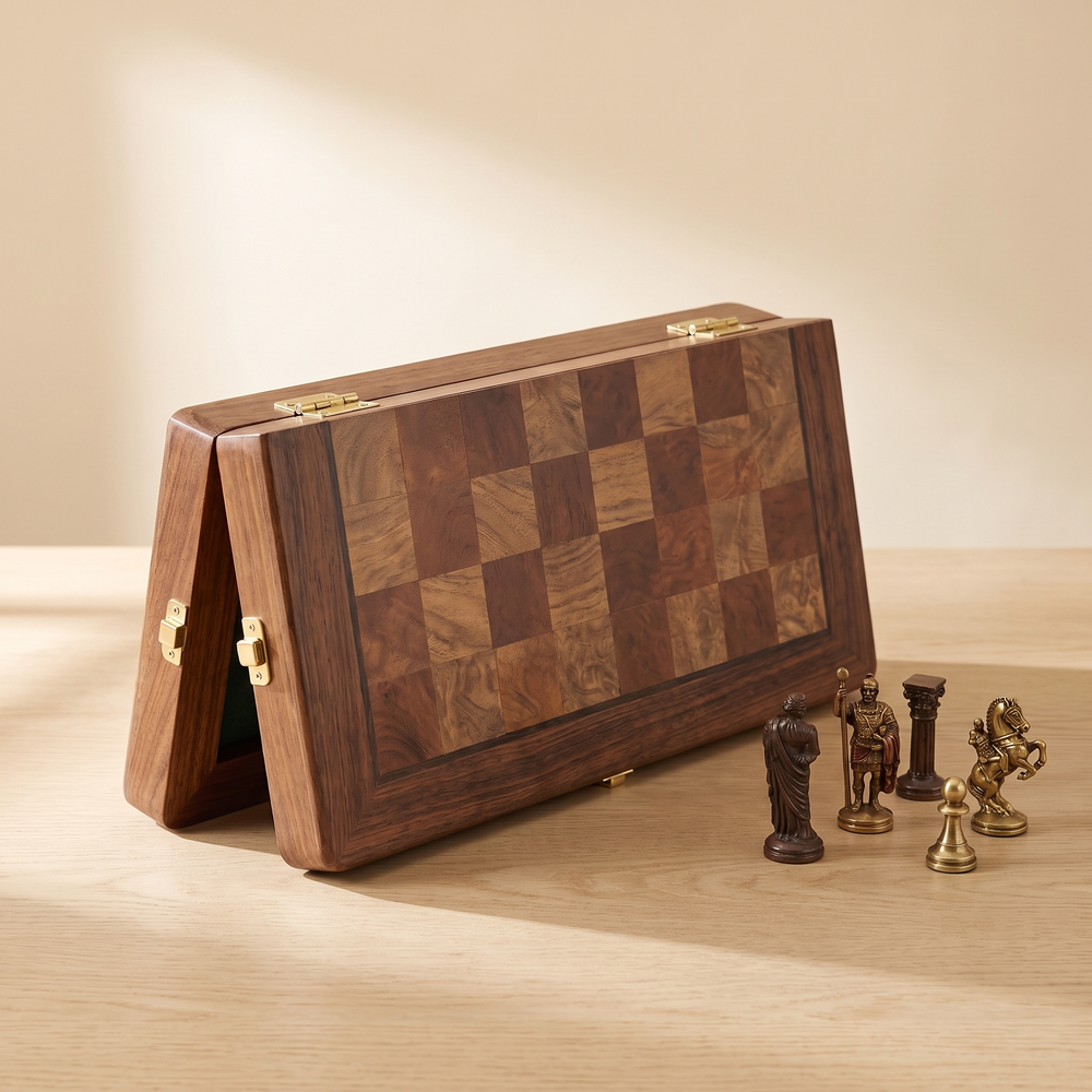 Échiquier pliable 30 cm, pièces Staunton en alliage bronze — rangement