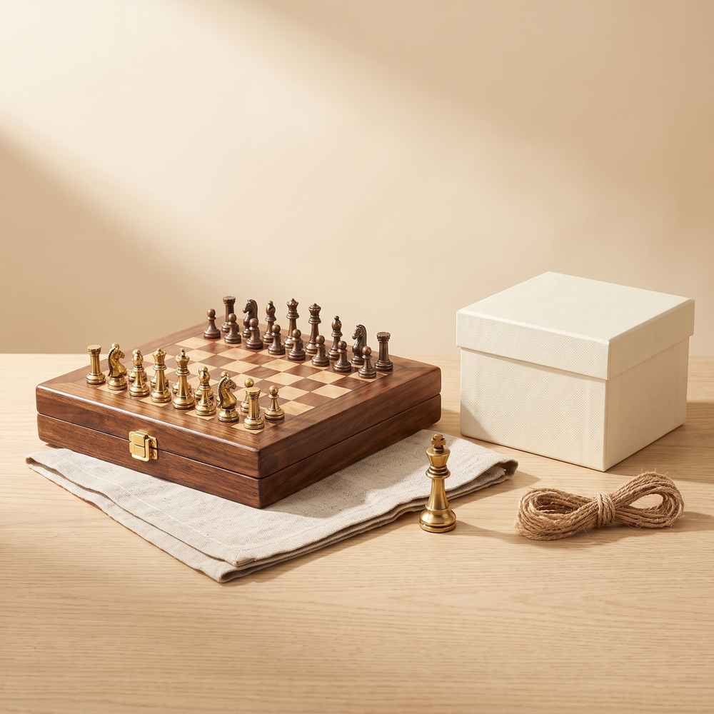 Échiquier pliable 30 cm, pièces Staunton en alliage bronze — coffret cadeau