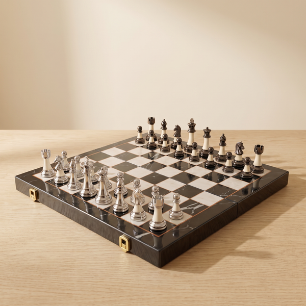 Échiquier pliable 42 cm, plateau laqué marbre et pièces métallisées lestées — packshot