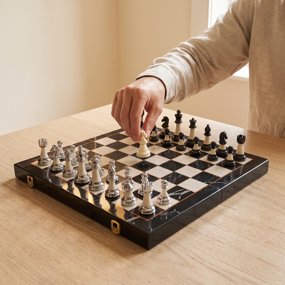 Échiquier pliable 42 cm, plateau laqué marbre et pièces métallisées lestées — en jeu
