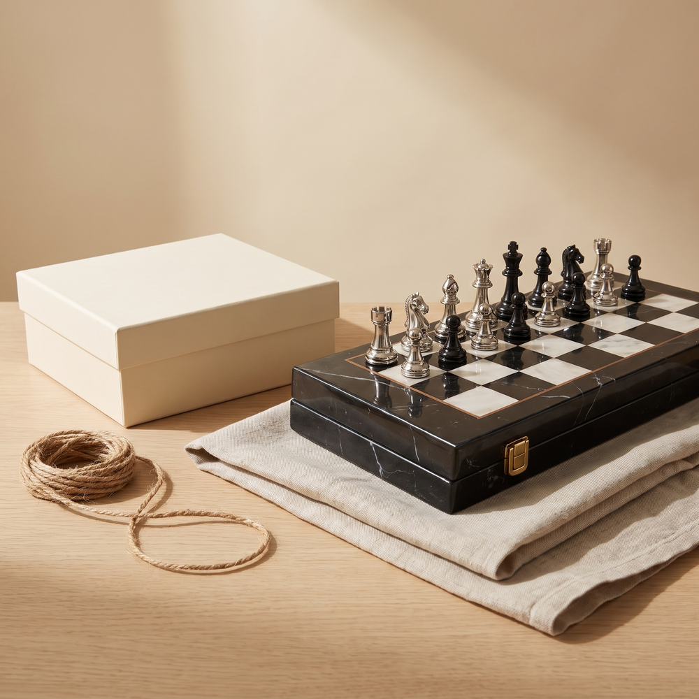 Échiquier pliable 42 cm, plateau laqué marbre et pièces métallisées lestées — coffret cadeau