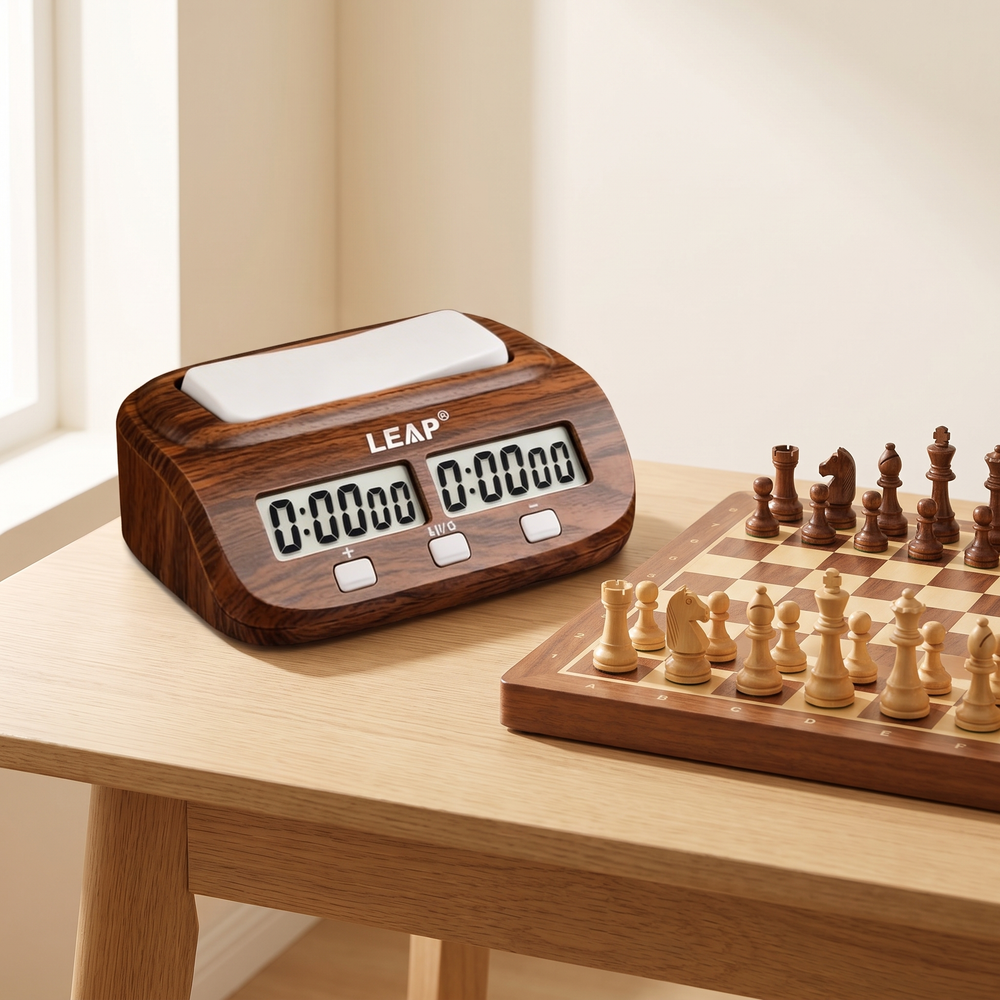 Pendule d'échecs numérique effet bois — en situation