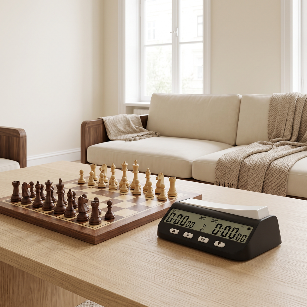 Pendule d'échecs numérique YS-9901, quatre cadences et écran 125 mm — en situation